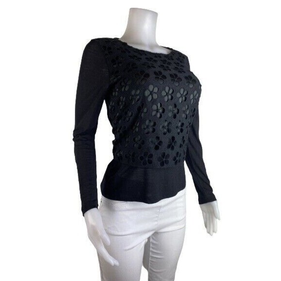 F. Whyci Milano Wool Top Size M Silk Black Blouse Crew Neck Long Sleeves - Picture 1 of 9
